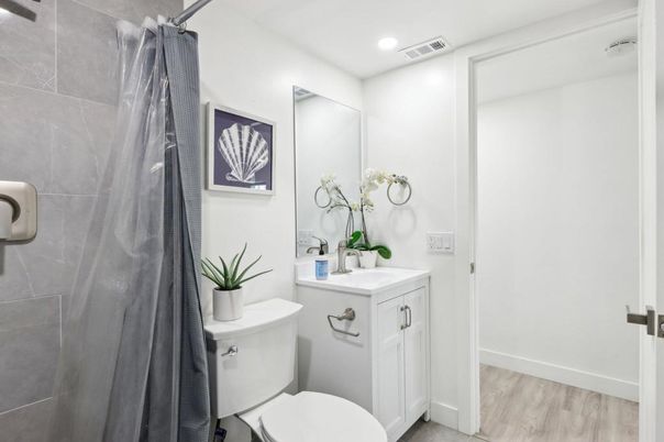 Bathroom, Interior, Recessed Lighting, Wood Texture Flooring