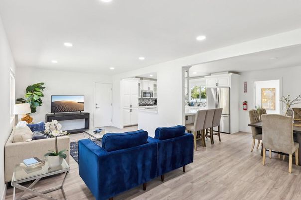 Dining room, Interior, Kitchen, Living room, Recessed Lighting, Stainless Steel Appliances, Wood Texture Flooring
