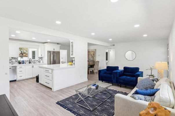 Interior, Kitchen, Living room, Recessed Lighting, Stainless Steel Appliances, Wood Texture Flooring