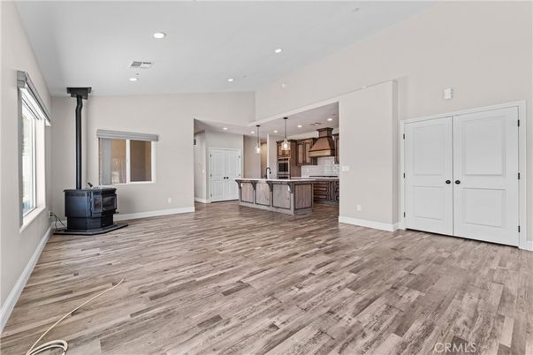 Empty room, Interior, Kitchen, Pendant Lights, Recessed Lighting, Wood Texture Flooring