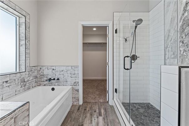 Bathroom, Glass Shower, Interior, Recessed Lighting, Wood Texture Flooring
