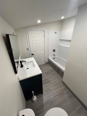 Bathroom, Interior, Recessed Lighting, Wood Texture Flooring