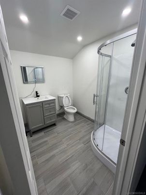 Bathroom, Glass Shower, Interior, Recessed Lighting, Wood Texture Flooring
