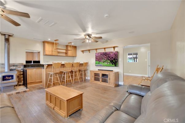 Fireplace, Interior, Kitchen, Living room, Recessed Lighting, Wood Texture Flooring