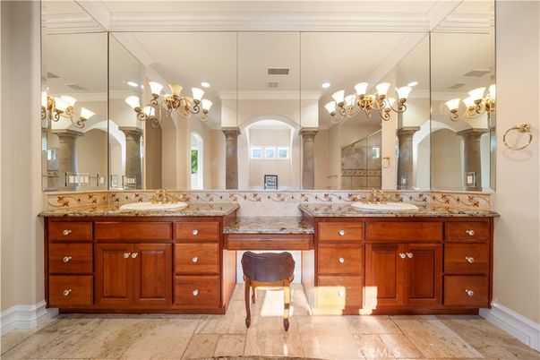 Bathroom, Chandelier, Dual Sink Vanities, Interior, Recessed Lighting