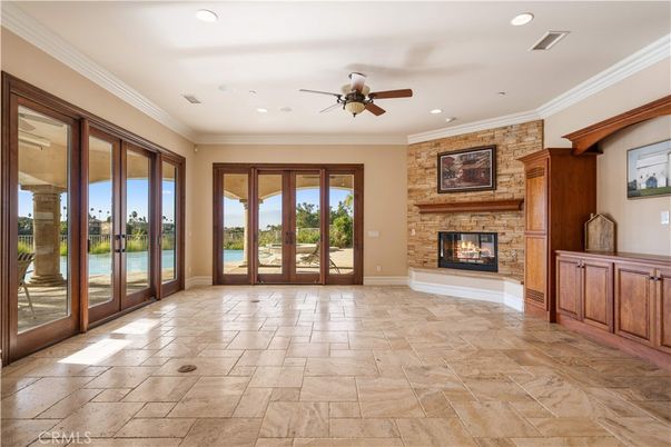 Empty room, Fireplace, Interior, Recessed Lighting, Stone Walls