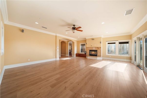 Empty room, Fireplace, Interior, Recessed Lighting, Wood Texture Flooring