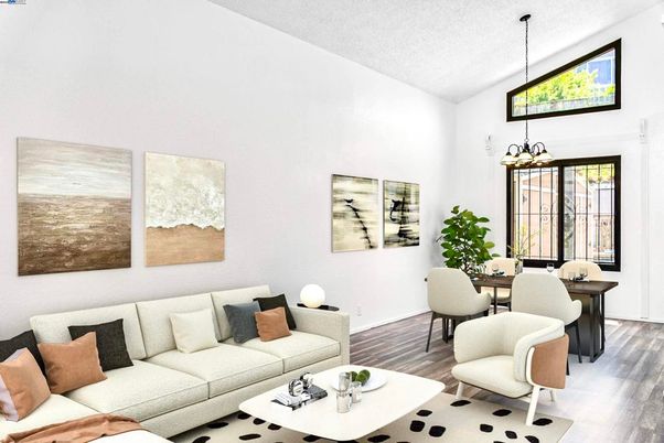 Dining room, Interior, Living room, Pendant Lights, Wood Texture Flooring