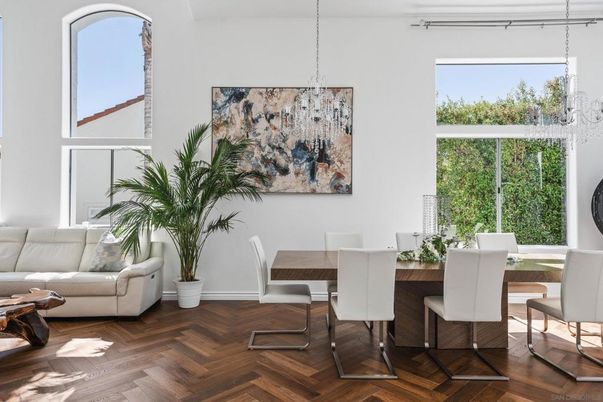 Dining room, Interior, Pendant Lights, Wood Texture Flooring