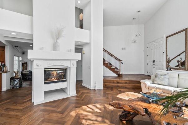 Fireplace, Interior, Living room, Pendant Lights, Recessed Lighting, Wood Texture Flooring