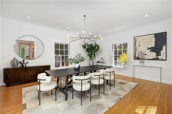 Dining room, Interior, Pendant Lights, Recessed Lighting, Wood Texture Flooring