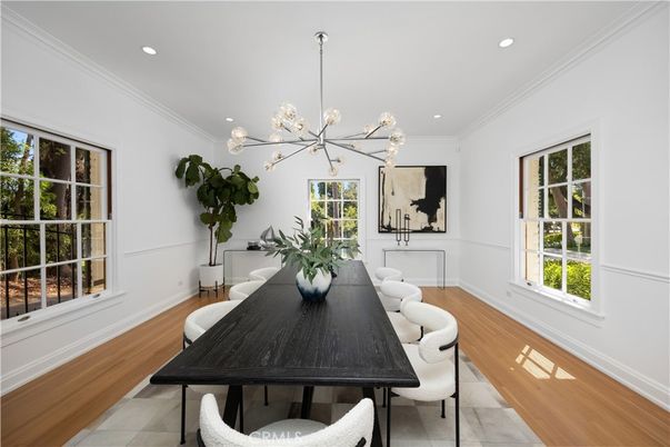 Dining room, Interior, Pendant Lights, Recessed Lighting, Wood Texture Flooring
