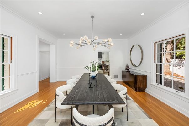 Dining room, Interior, Pendant Lights, Recessed Lighting, Wood Texture Flooring