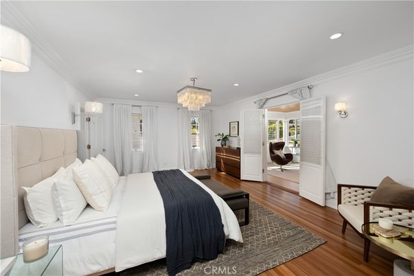 Bedroom, Chandelier, Interior, Recessed Lighting, Wood Texture Flooring