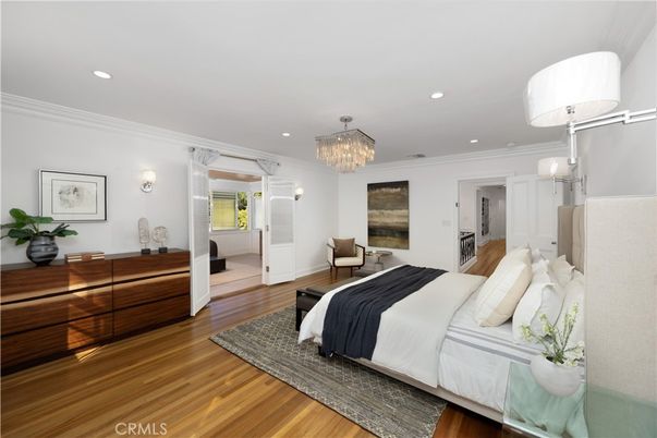Bedroom, Chandelier, Interior, Recessed Lighting, Wood Texture Flooring