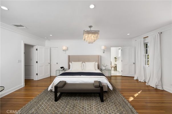 Bedroom, Chandelier, Interior, Recessed Lighting, Wood Texture Flooring