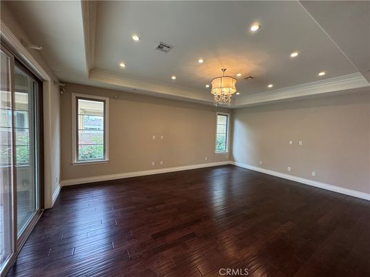 Chandelier, Empty room, Interior, Recessed Lighting, Wood Texture Flooring