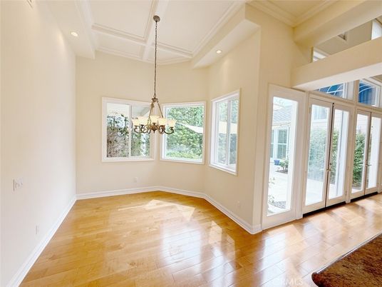 Chandelier, Empty room, Interior, Recessed Lighting, Wood Texture Flooring