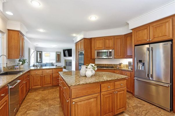 Fireplace, Interior, Kitchen, Recessed Lighting, Stainless Steel Appliances