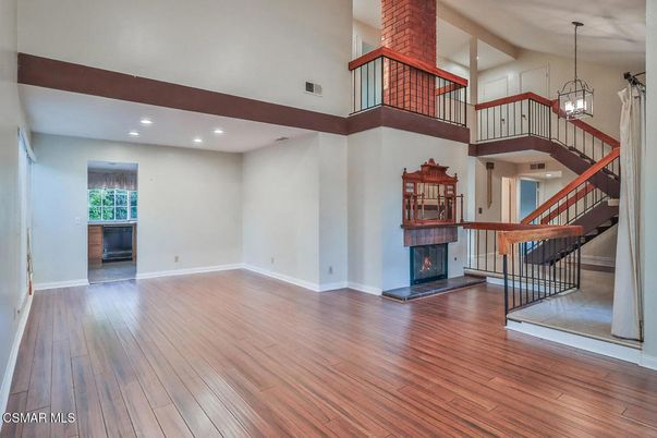 Fireplace, Interior, Pendant Lights, Recessed Lighting, Wood Texture Flooring