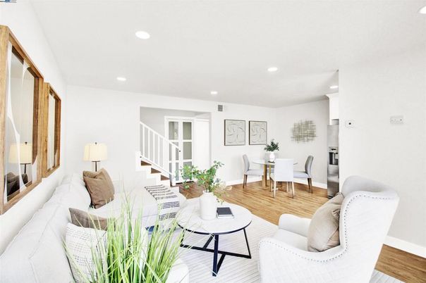 Dining room, Interior, Living room, Recessed Lighting, Wood Texture Flooring