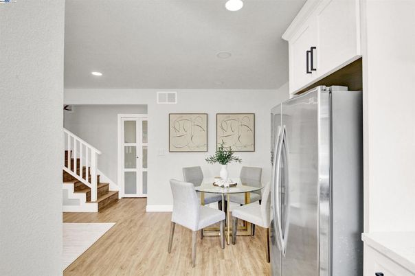 Dining room, Interior, Kitchen, Recessed Lighting, Wood Texture Flooring