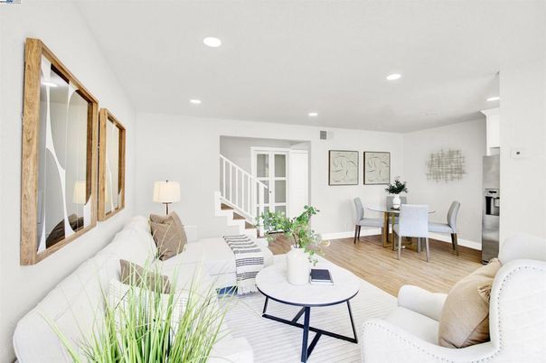 Dining room, Interior, Living room, Recessed Lighting, Wood Texture Flooring