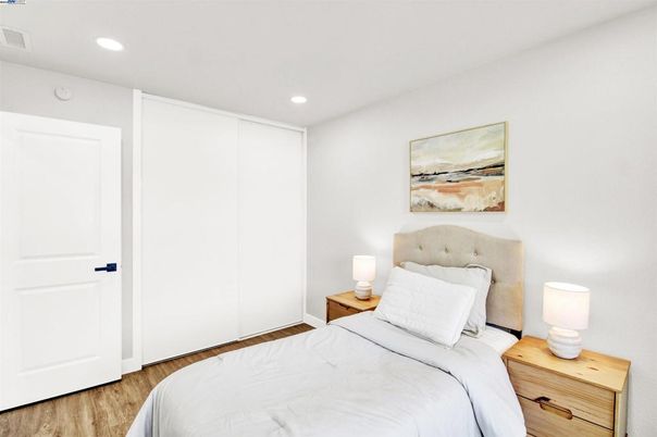 Bedroom, Interior, Recessed Lighting, Wood Texture Flooring