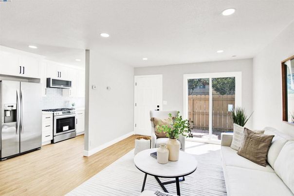 Interior, Kitchen, Living room, Recessed Lighting, Stainless Steel Appliances, Wood Texture Flooring