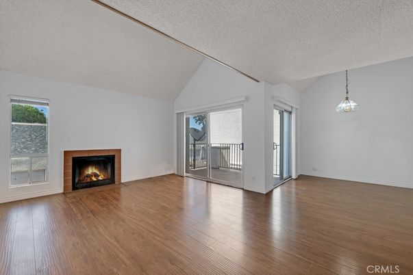 Empty room, Fireplace, Interior, Pendant Lights, Wood Texture Flooring