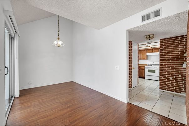 Empty room, Interior, Kitchen, Pendant Lights, Stone Walls, Wood Texture Flooring