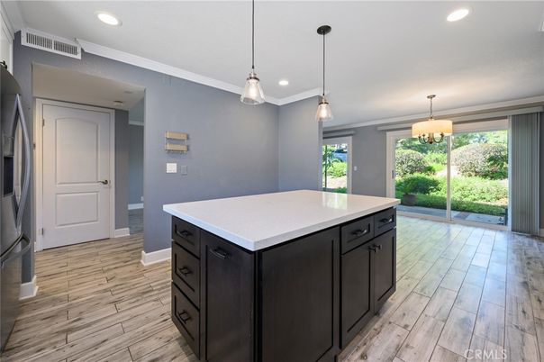 Interior, Kitchen, Pendant Lights, Recessed Lighting, Wood Texture Flooring