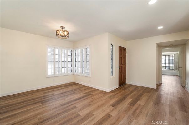 Chandelier, Empty room, Interior, Recessed Lighting, Wood Texture Flooring
