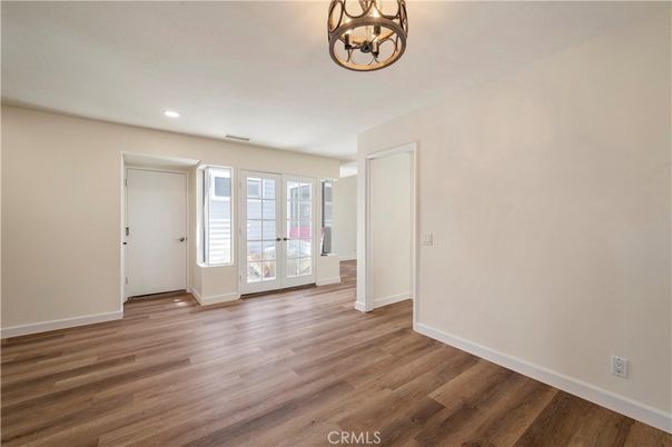Chandelier, Empty room, Interior, Recessed Lighting, Wood Texture Flooring