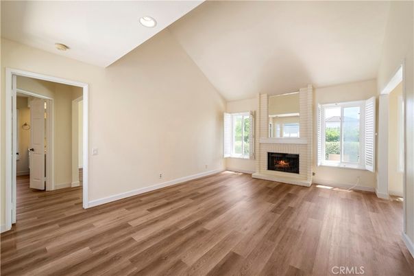 Empty room, Fireplace, Interior, Recessed Lighting, Wood Texture Flooring