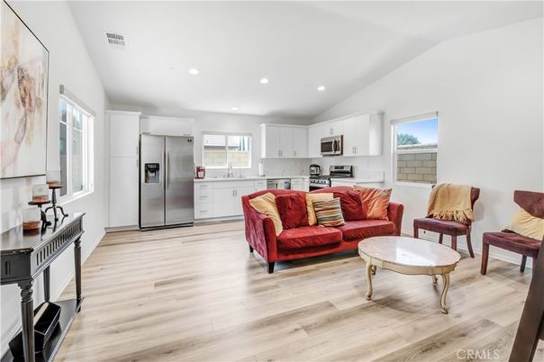 Interior, Kitchen, Living room, Recessed Lighting, Stainless Steel Appliances, Wood Texture Flooring