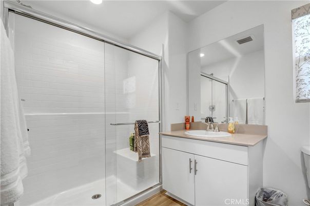 Bathroom, Glass Shower, Interior, Recessed Lighting, Wood Texture Flooring