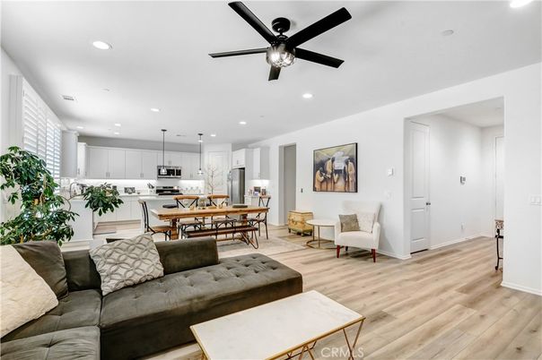 Dining room, Interior, Kitchen, Living room, Pendant Lights, Recessed Lighting, Stainless Steel Appliances, Wood Texture Flooring