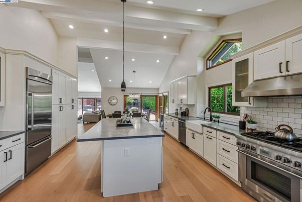 Interior, Kitchen, Pendant Lights, Recessed Lighting, Stainless Steel Appliances, Wood Texture Flooring