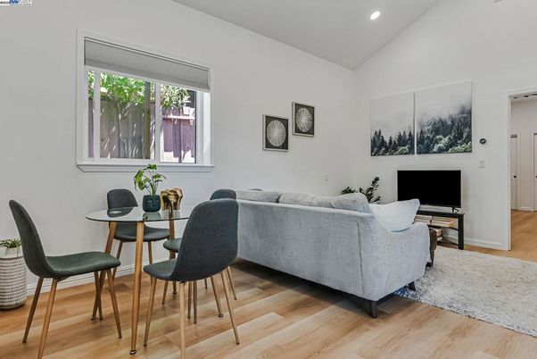 Dining room, Interior, Living room, Recessed Lighting, Wood Texture Flooring