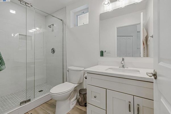 Bathroom, Glass Shower, Interior, Wood Texture Flooring