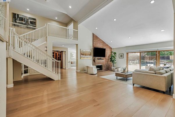 Fireplace, Interior, Living room, Recessed Lighting, Wood Texture Flooring