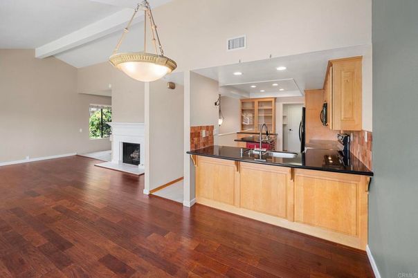 Fireplace, Interior, Kitchen, Pendant Lights, Recessed Lighting, Wood Texture Flooring