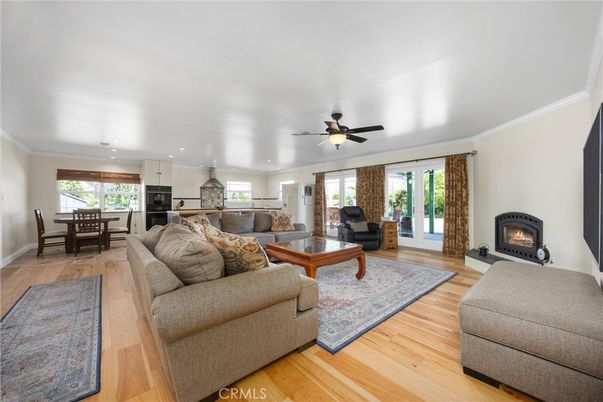 Dining room, Fireplace, Interior, Kitchen, Living room, Pendant Lights, Recessed Lighting, Wood Texture Flooring
