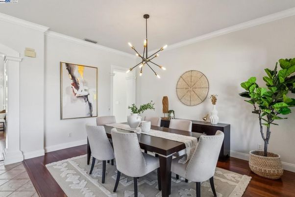 Dining room, Interior, Pendant Lights, Wood Texture Flooring