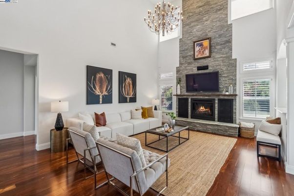 Chandelier, Fireplace, Interior, Living room, Stone Walls, Wood Texture Flooring