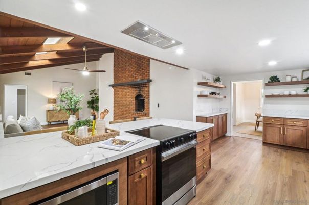 Interior, Kitchen, Recessed Lighting, Stainless Steel Appliances, Stone Walls, Wooden Beams, Wood Texture Flooring