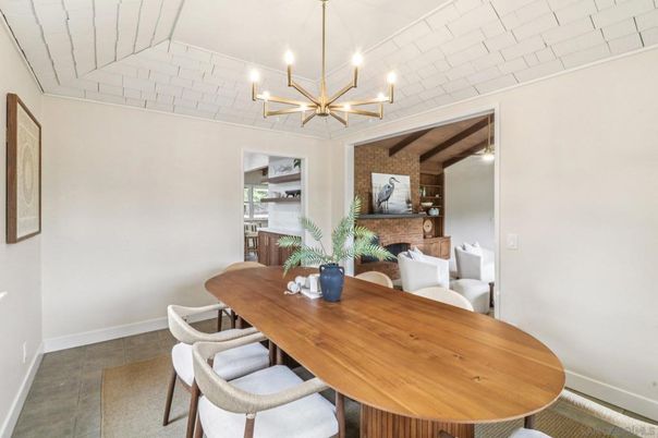 Chandelier, Dining room, Fireplace, Interior