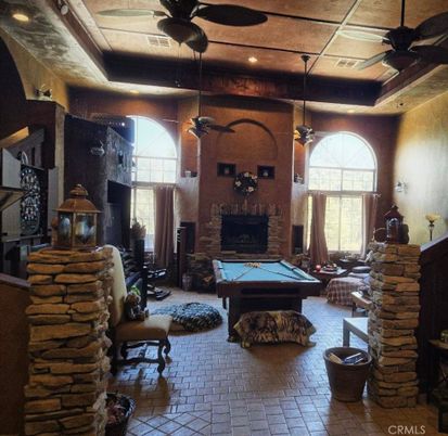 Billiard Table, Fireplace, Game Room, Interior, Recessed Lighting, Stone Walls