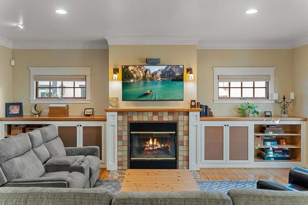 Fireplace, Interior, Living room, Recessed Lighting, Wood Texture Flooring